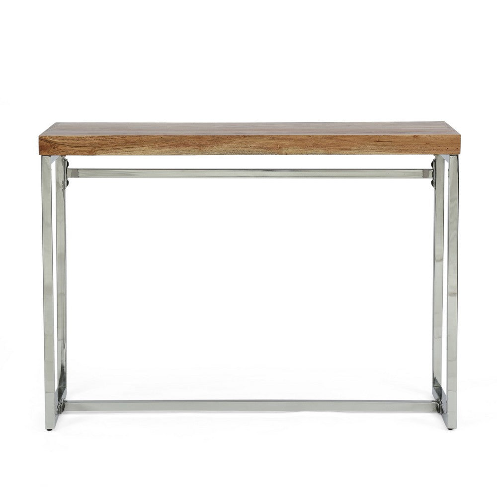 Console Table, Brown Acacia Wood, Chrome Stainless Steel, 42 Inch -BM335653
