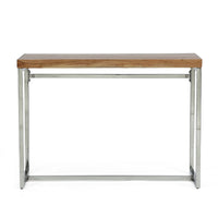 Console Table, Brown Acacia Wood, Chrome Stainless Steel, 42 Inch -BM335653