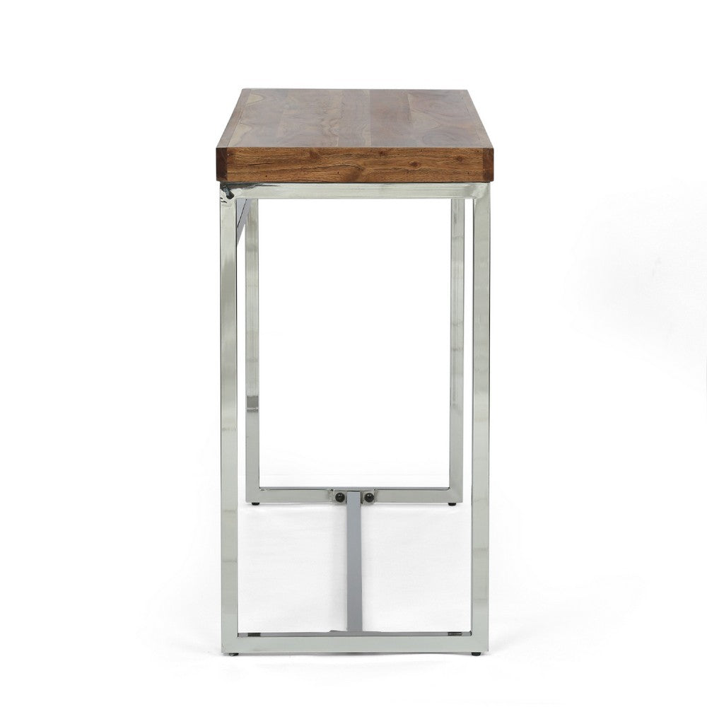 Console Table, Brown Acacia Wood, Chrome Stainless Steel, 42 Inch -BM335653