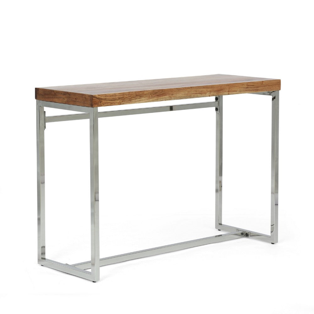 Console Table, Brown Acacia Wood, Chrome Stainless Steel, 42 Inch -BM335653