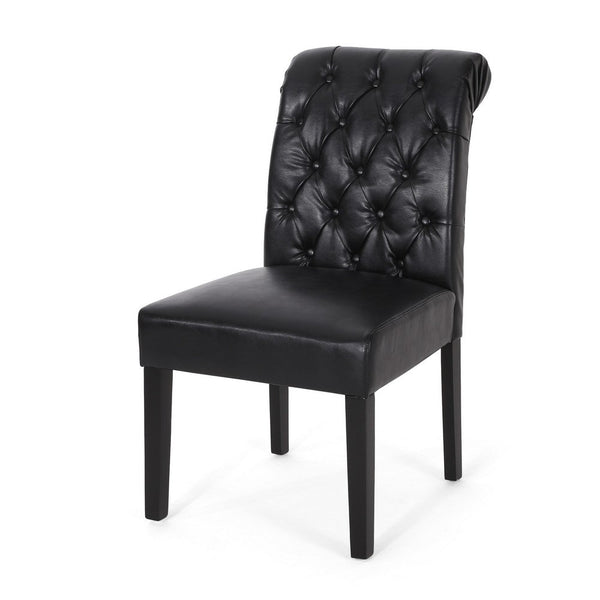 Mein Dining Chair Set of 2, Rolltop Tufted Black Faux Leather, Wood -BM335655