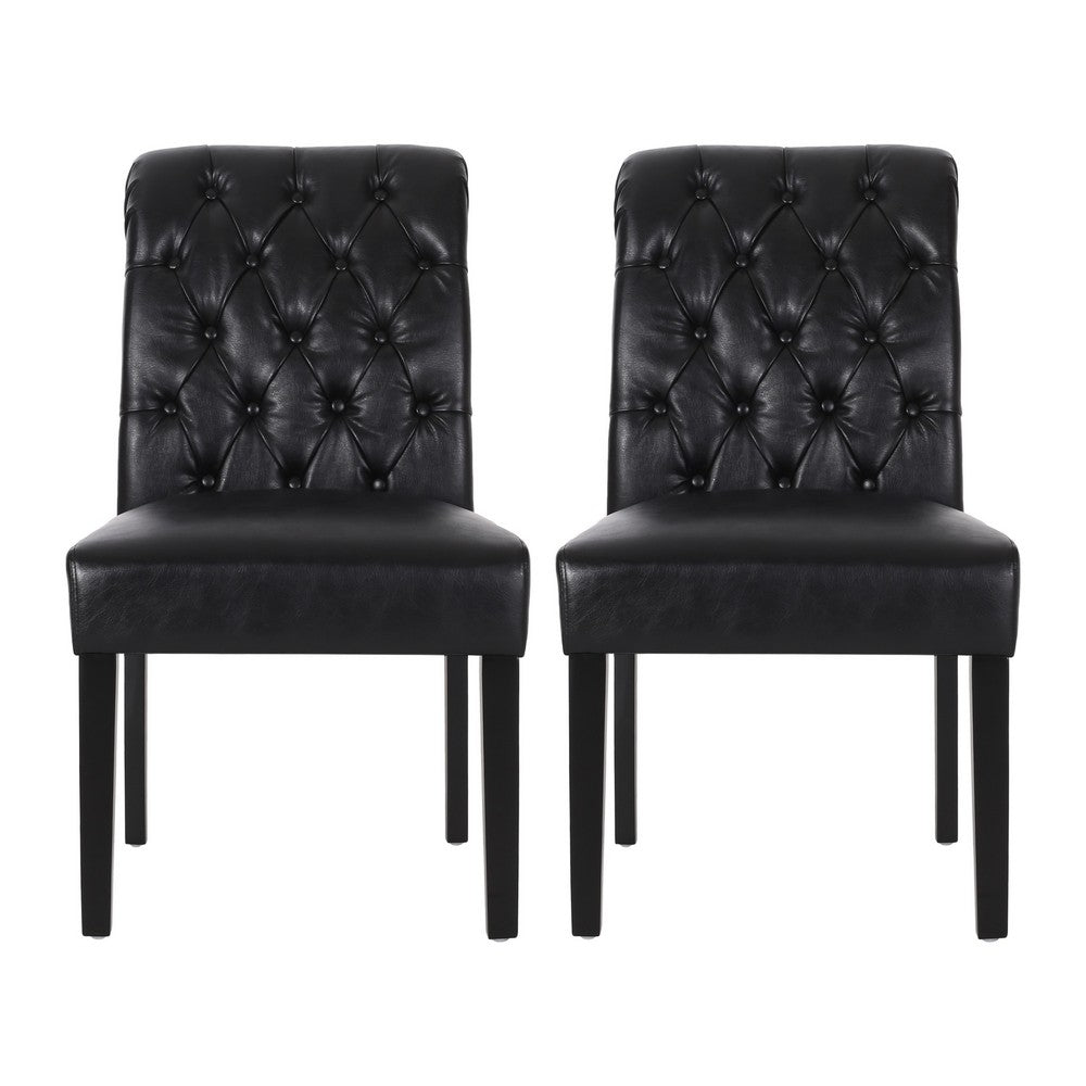 Mein Dining Chair Set of 2, Rolltop Tufted Black Faux Leather, Wood -BM335655