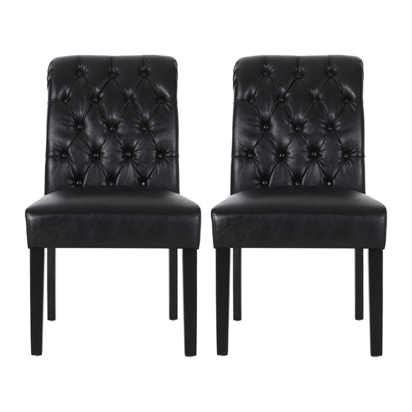 Mein Dining Chair Set of 2, Rolltop Tufted Black Faux Leather, Wood -BM335655