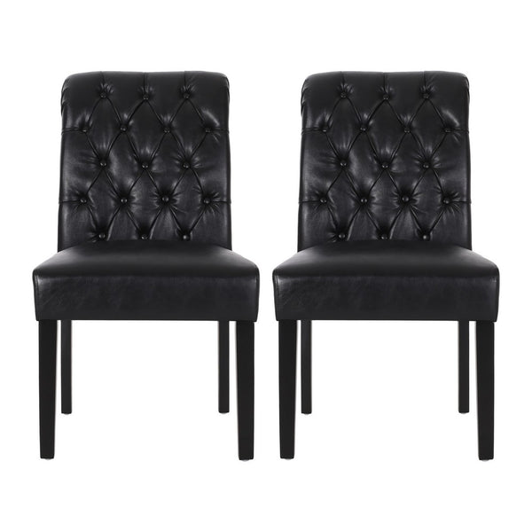 Mein Dining Chair Set of 2, Rolltop Tufted Black Faux Leather, Wood -BM335655