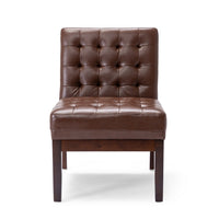 Armless Accent Chair, Tufted Dark Brown Faux Leather, Rubberwood Frame -BM335656