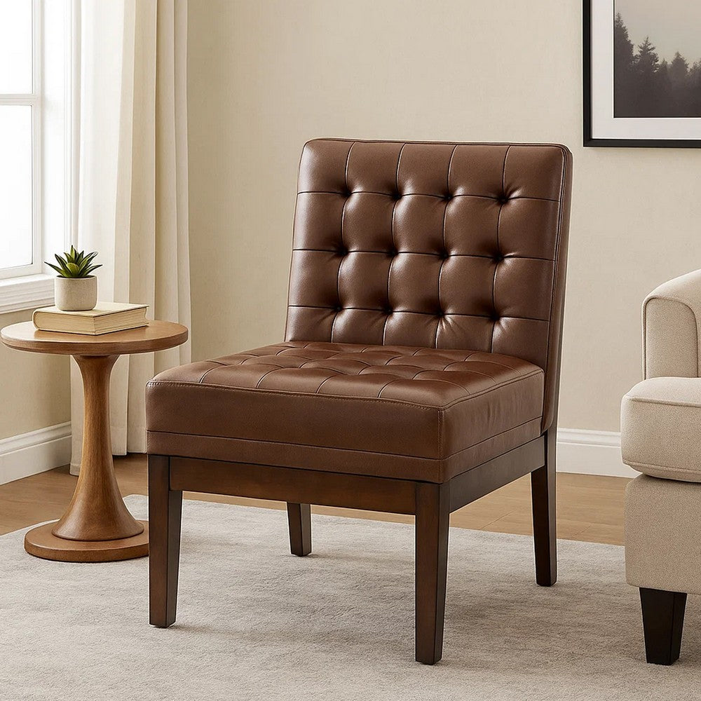 Armless Accent Chair, Tufted Dark Brown Faux Leather, Rubberwood Frame -BM335656