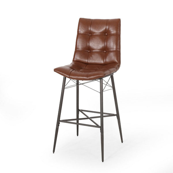 Nimma Barstool Chair Set of 2, Tufted Light Brown Faux Leather, Metal -BM335657