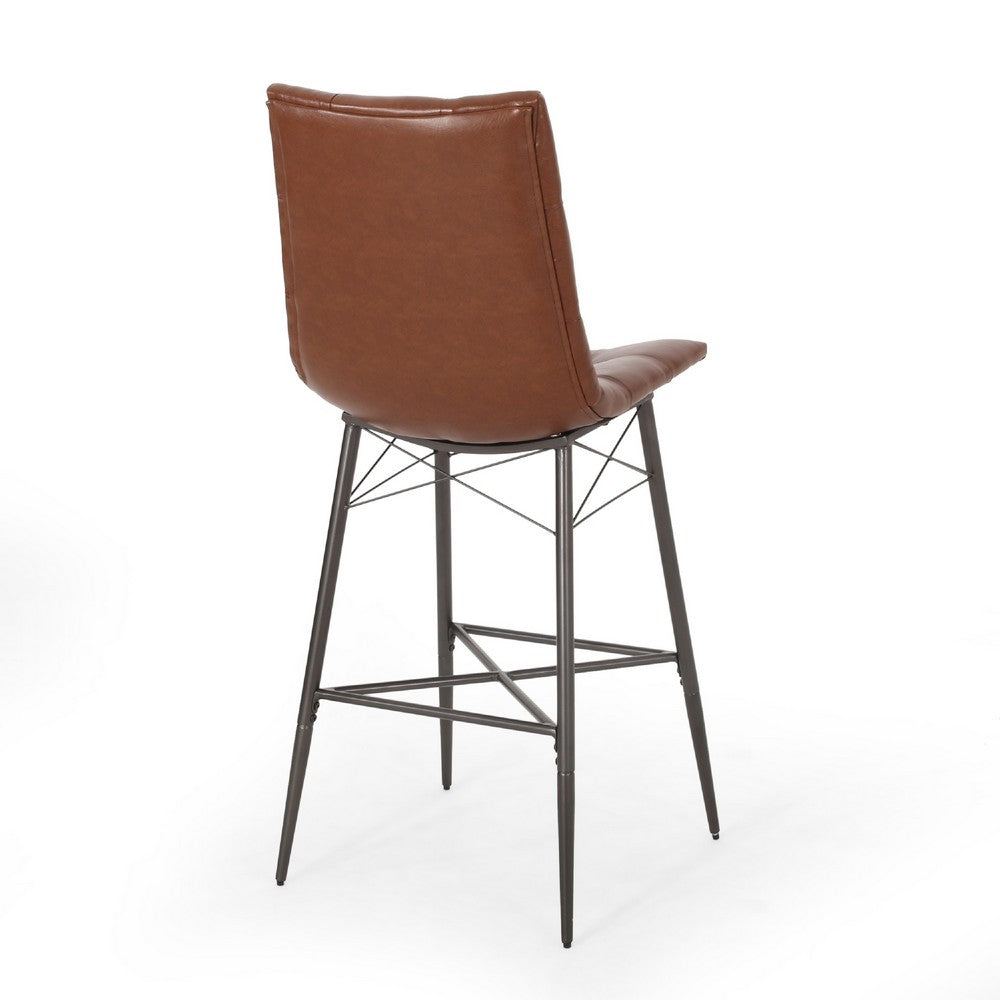 Nimma Barstool Chair Set of 2, Tufted Light Brown Faux Leather, Metal -BM335657