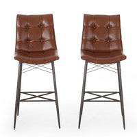 Nimma Barstool Chair Set of 2, Tufted Light Brown Faux Leather, Metal -BM335657