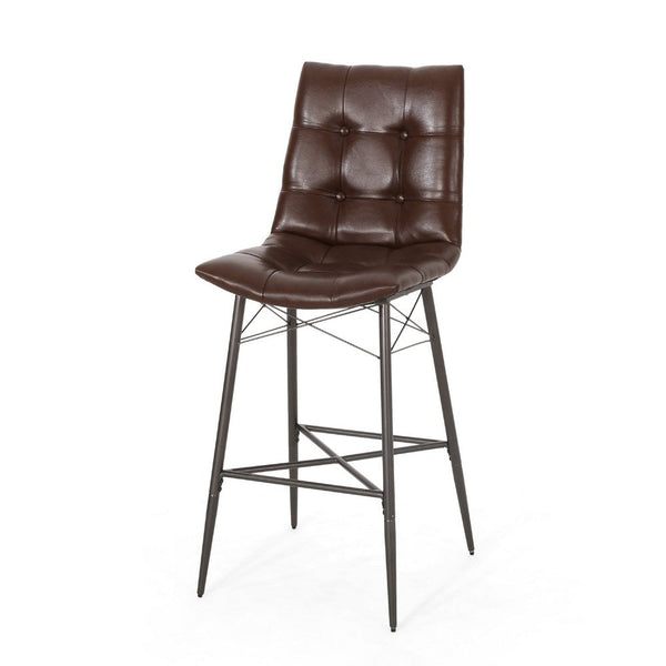 Nimma Barstool Chair Set of 2, Tufted Dark Brown Faux Leather -BM335658