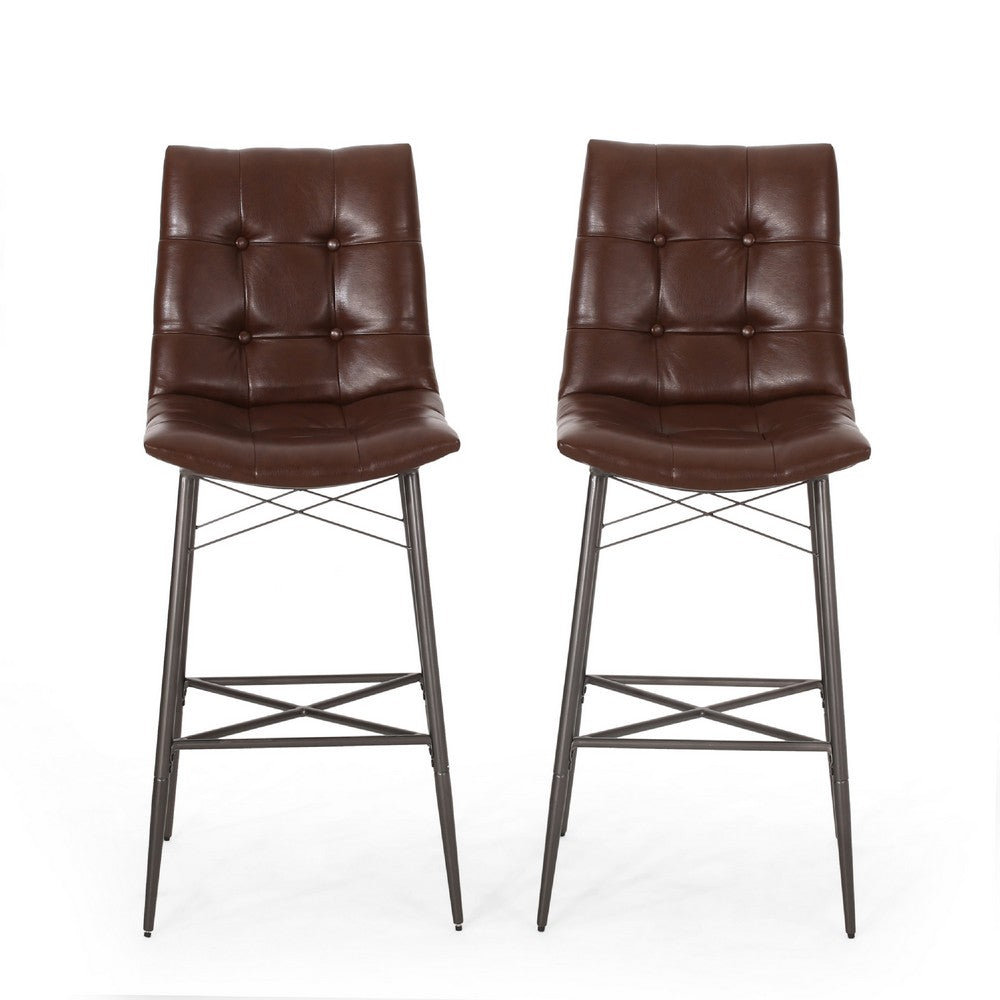 Nimma Barstool Chair Set of 2, Tufted Dark Brown Faux Leather -BM335658