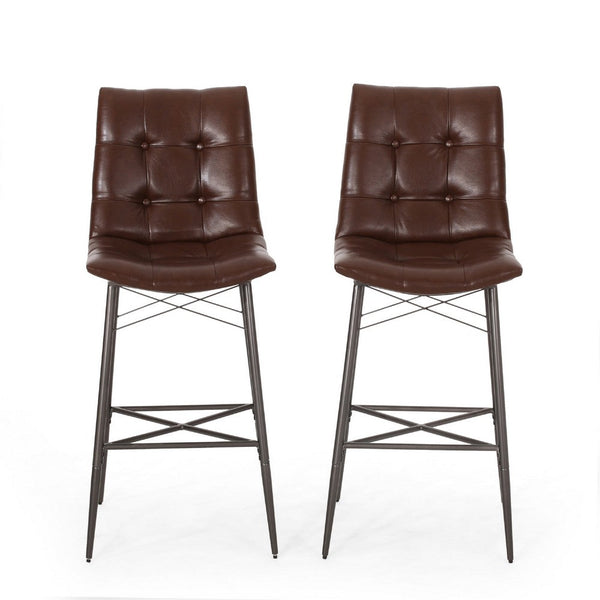 Nimma Barstool Chair Set of 2, Tufted Dark Brown Faux Leather -BM335658