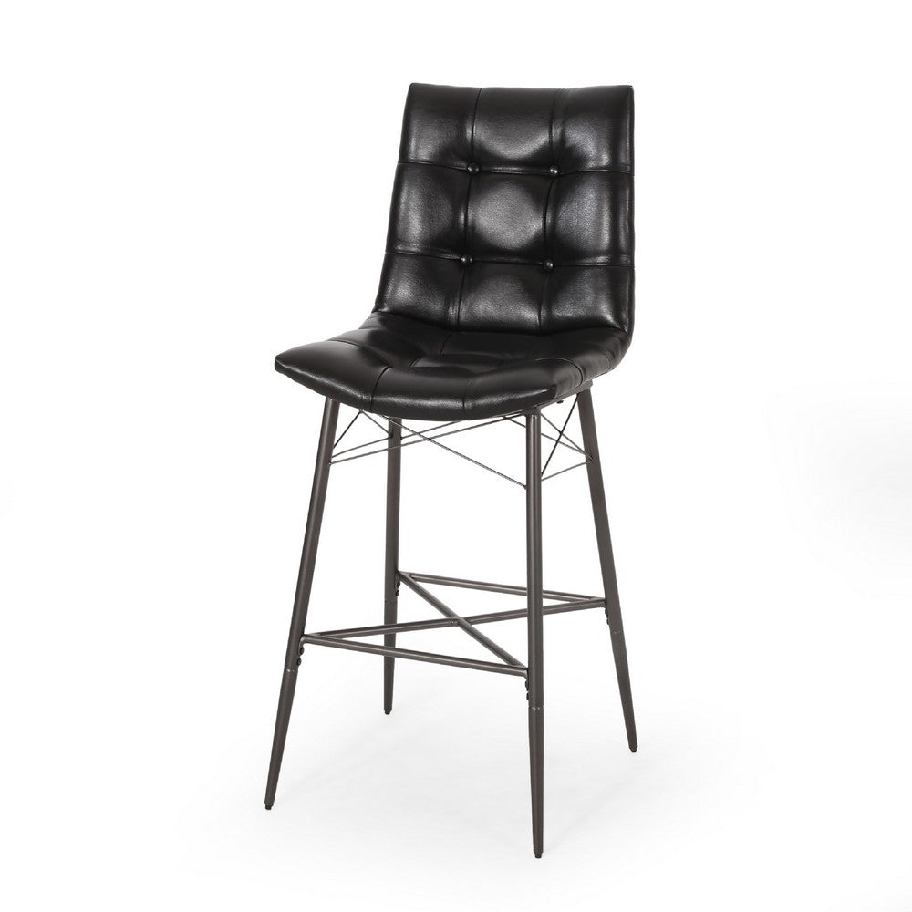 Nimma Barstool Chair Set of 2, Tufted Black Faux Leather, Brown Metal -BM335659