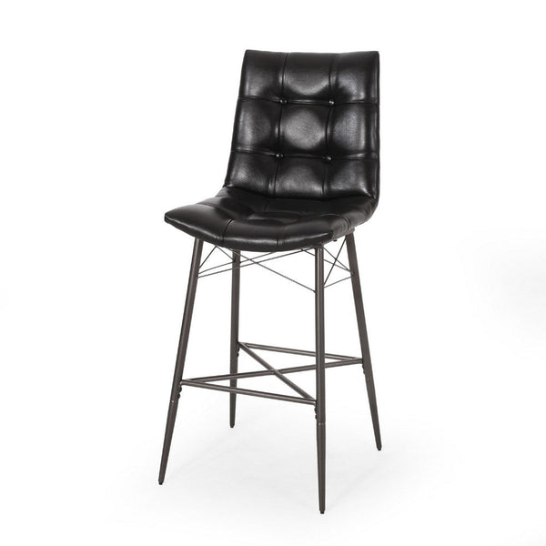 Nimma Barstool Chair Set of 2, Tufted Black Faux Leather, Brown Metal -BM335659