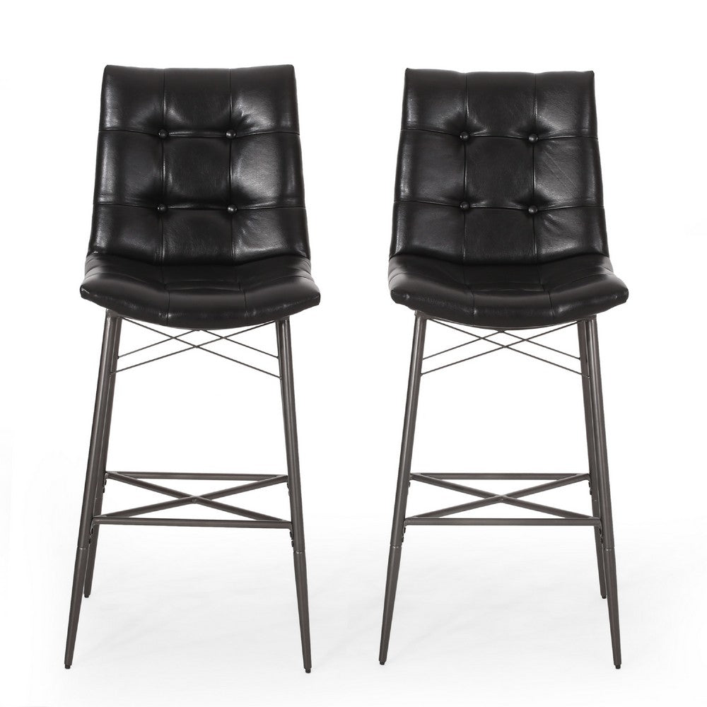 Nimma Barstool Chair Set of 2, Tufted Black Faux Leather, Brown Metal -BM335659