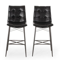 Nimma Barstool Chair Set of 2, Tufted Black Faux Leather, Brown Metal -BM335659