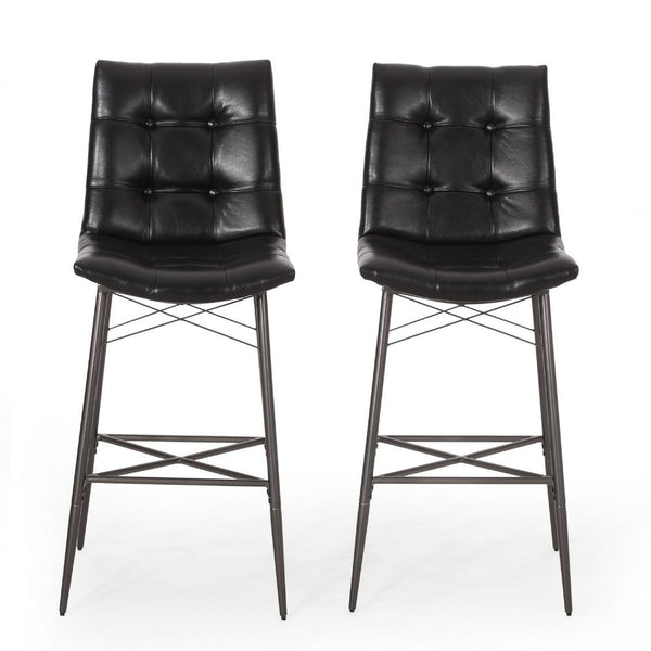 Nimma Barstool Chair Set of 2, Tufted Black Faux Leather, Brown Metal -BM335659