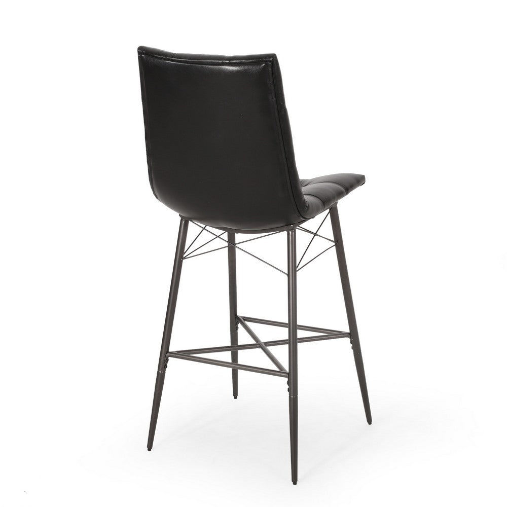 Nimma Barstool Chair Set of 2, Tufted Black Faux Leather, Brown Metal -BM335659