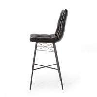 Nimma Barstool Chair Set of 2, Tufted Black Faux Leather, Brown Metal -BM335659
