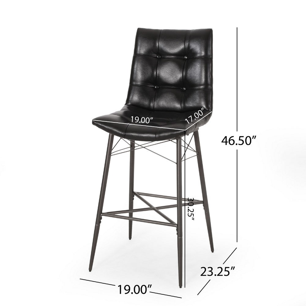Nimma Barstool Chair Set of 2, Tufted Black Faux Leather, Brown Metal -BM335659