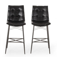 Nimma Barstool Chair Set of 2, Tufted Black Faux Leather, Brown Metal -BM335659