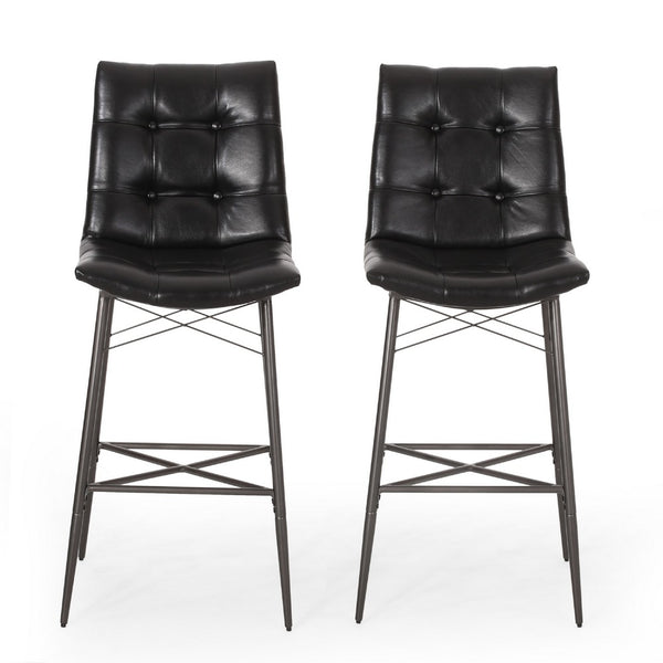 Nimma Barstool Chair Set of 2, Tufted Black Faux Leather, Brown Metal -BM335659