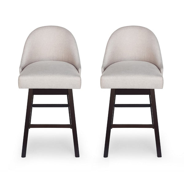 Swivel Barstool Chair Set of 2, Wheat Beige Fabric, Black Rubberwood -BM335660
