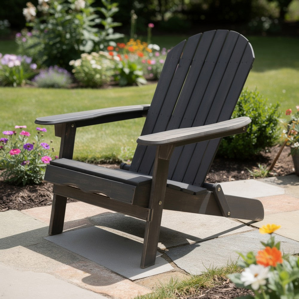 Libo Outdoor Adirondack Chair, Gray Acacia Wood Frame, Slat Panels -BM335663