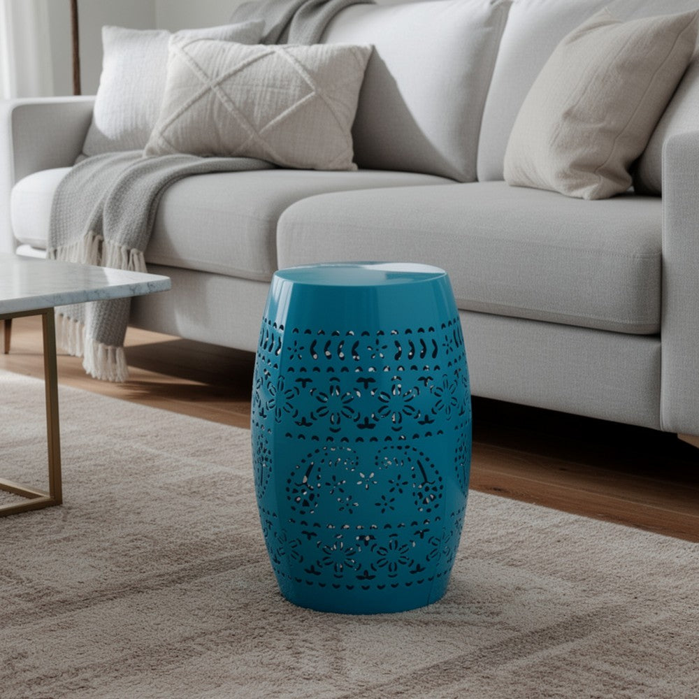 Glena Garden Stool Side Table, Blue Powder Coated Iron, Cutout 12 Inch -BM335670