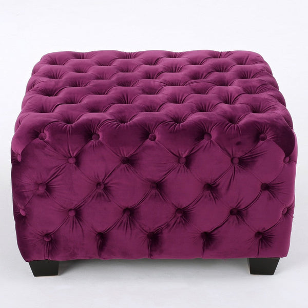 Ottoman, Classic Tufted Fuchsia Pink Velvet, Black Wood Legs, 29 Inch -BM335672