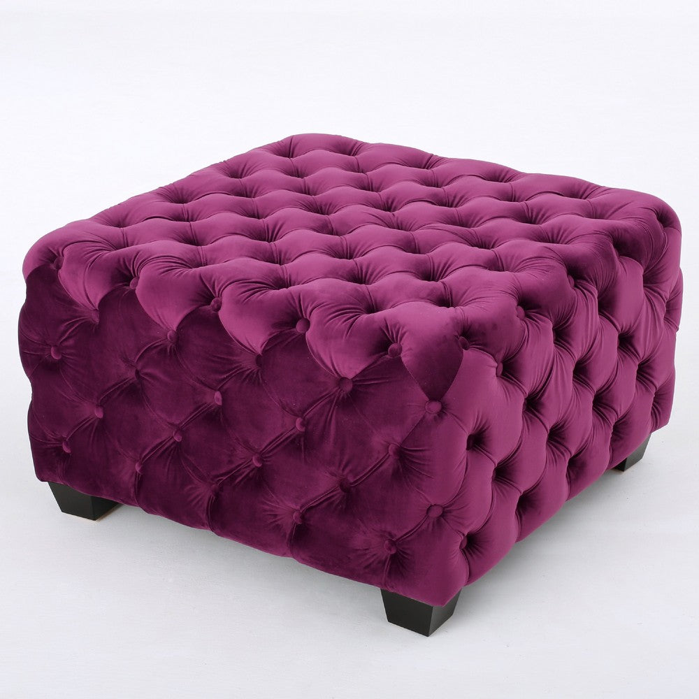 Ottoman, Classic Tufted Fuchsia Pink Velvet, Black Wood Legs, 29 Inch -BM335672