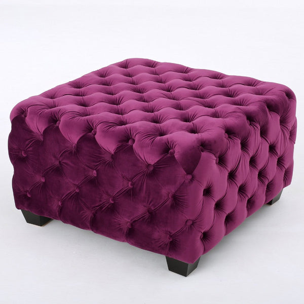 Ottoman, Classic Tufted Fuchsia Pink Velvet, Black Wood Legs, 29 Inch -BM335672