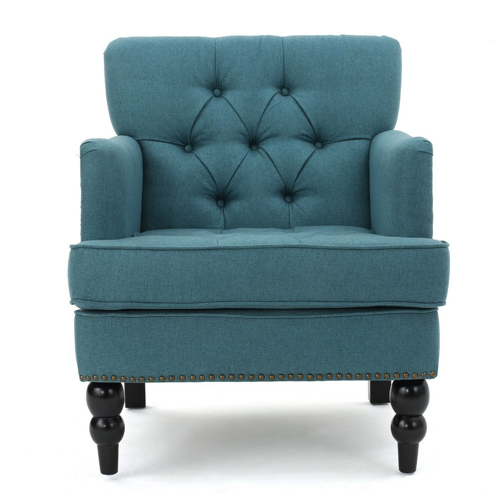 Lit Accent Club Armchair, Tufted Teal Fabric, Black Wood, Turned Legs -BM335674