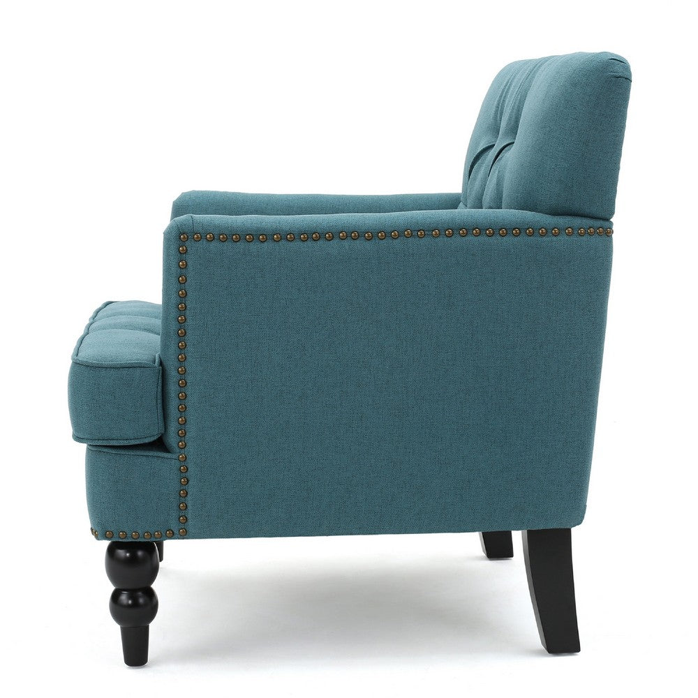 Lit Accent Club Armchair, Tufted Teal Fabric, Black Wood, Turned Legs -BM335674