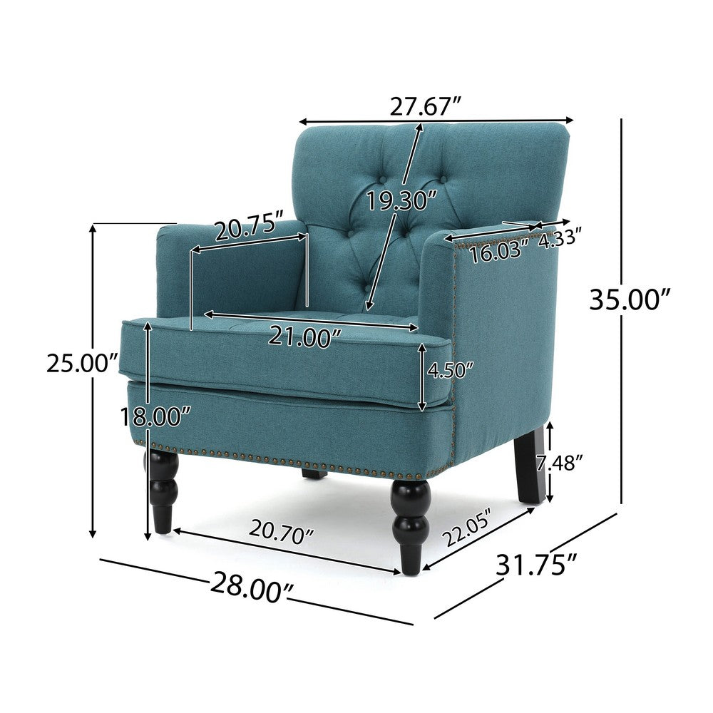 Lit Accent Club Armchair, Tufted Teal Fabric, Black Wood, Turned Legs -BM335674
