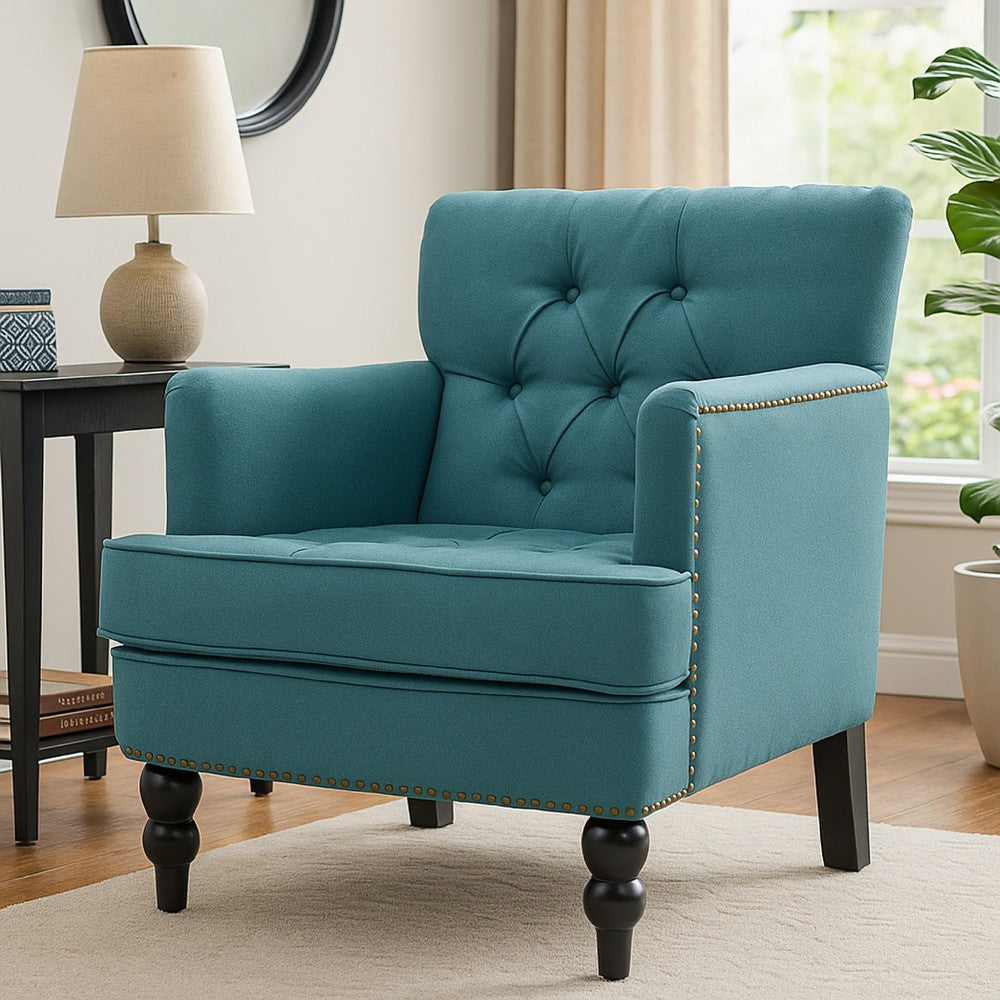 Lit Accent Club Armchair, Tufted Teal Fabric, Black Wood, Turned Legs -BM335674