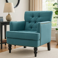Lit Accent Club Armchair, Tufted Teal Fabric, Black Wood, Turned Legs -BM335674