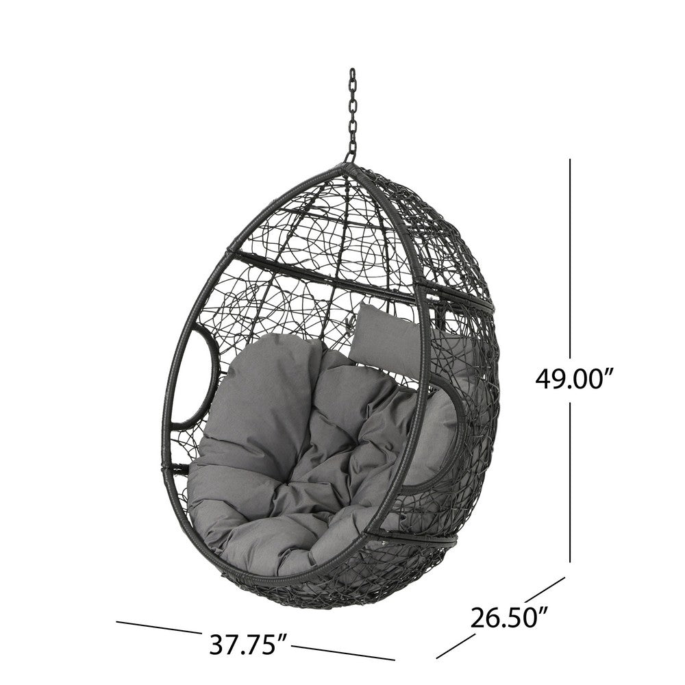 Keline Hanging Swing Lounge Chair, Gray Faux Rattan, Cushions, 49 Inch -BM335675
