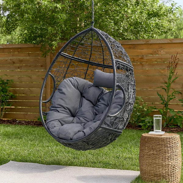 Keline Hanging Swing Lounge Chair, Gray Faux Rattan, Cushions, 49 Inch -BM335675