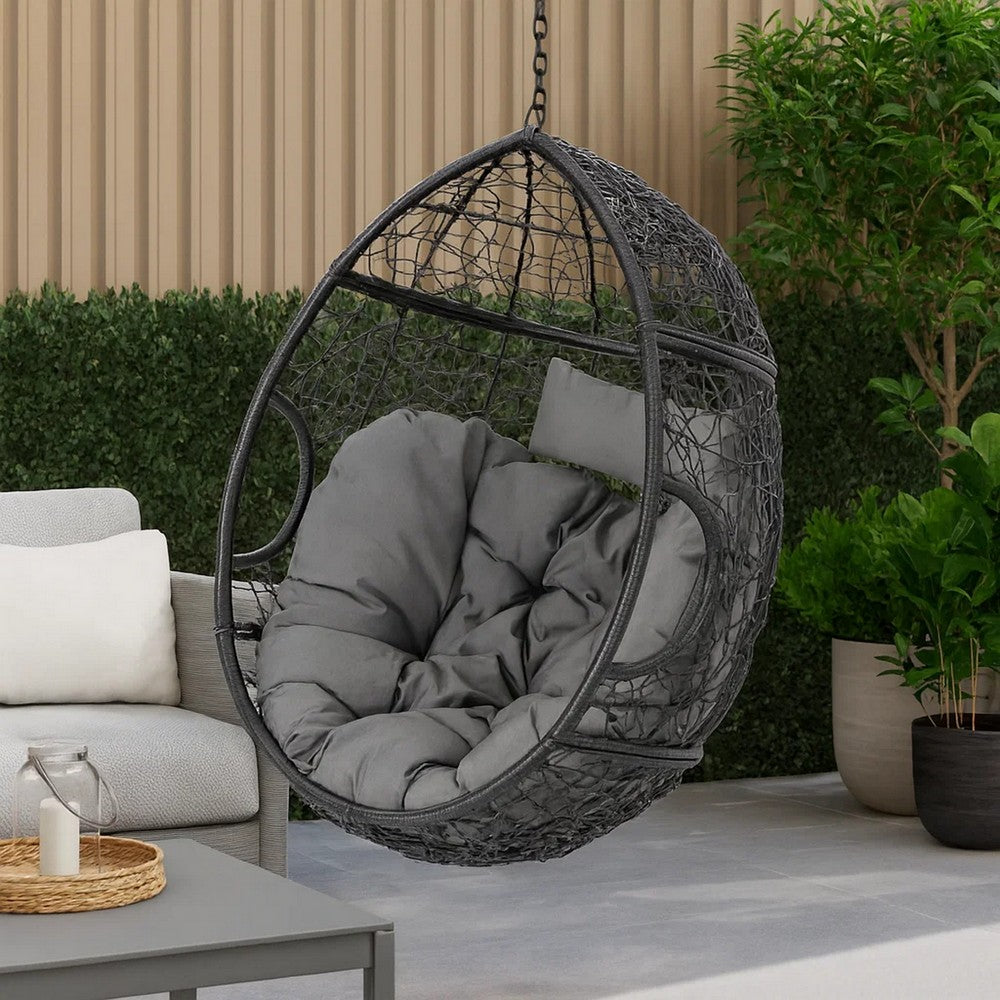 Keline Hanging Swing Lounge Chair, Gray Faux Rattan, Cushions, 49 Inch -BM335675