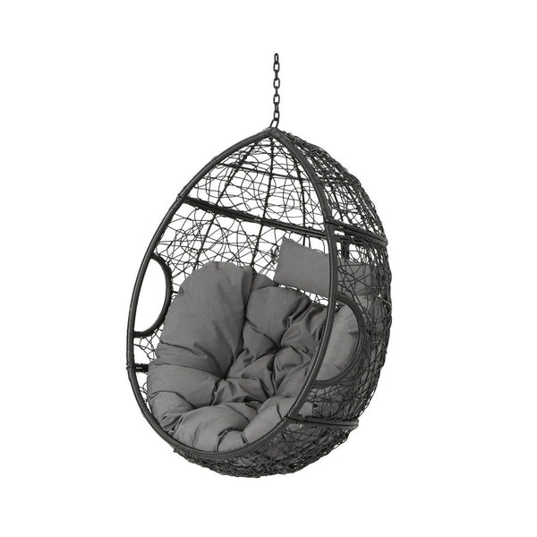 Keline Hanging Swing Lounge Chair, Gray Faux Rattan, Cushions, 49 Inch -BM335675