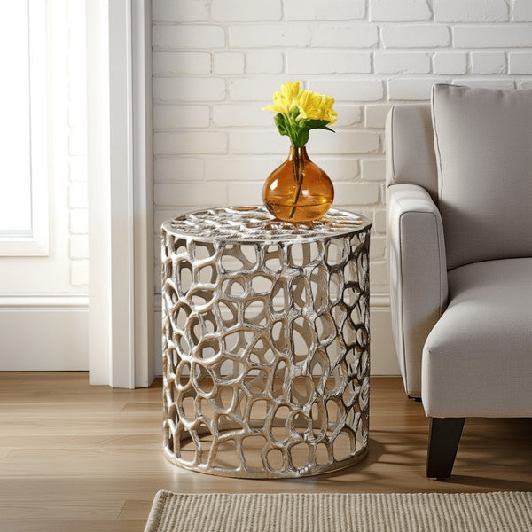 Mesh Stool Side Table, Nickel Aluminum Mesh Abstract, Round 14 Inch -BM335677