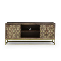 TV Stand Cabinet, Walnut Brown Mango Wood, Gold Iron Base, 51 Inch -BM335678