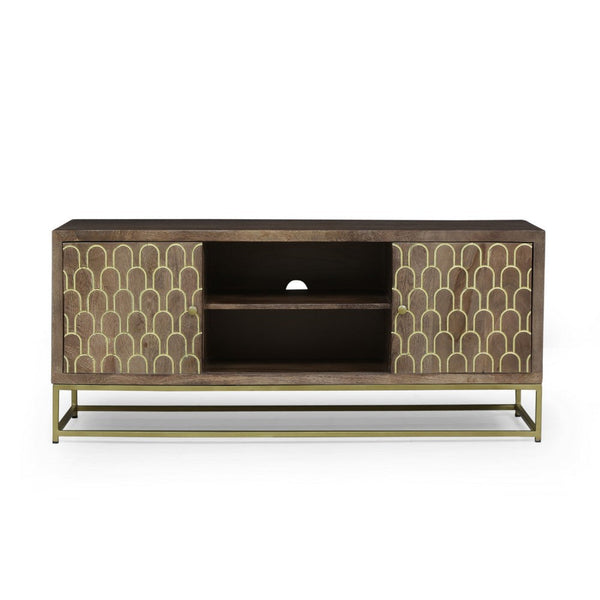 TV Stand Cabinet, Walnut Brown Mango Wood, Gold Iron Base, 51 Inch -BM335678