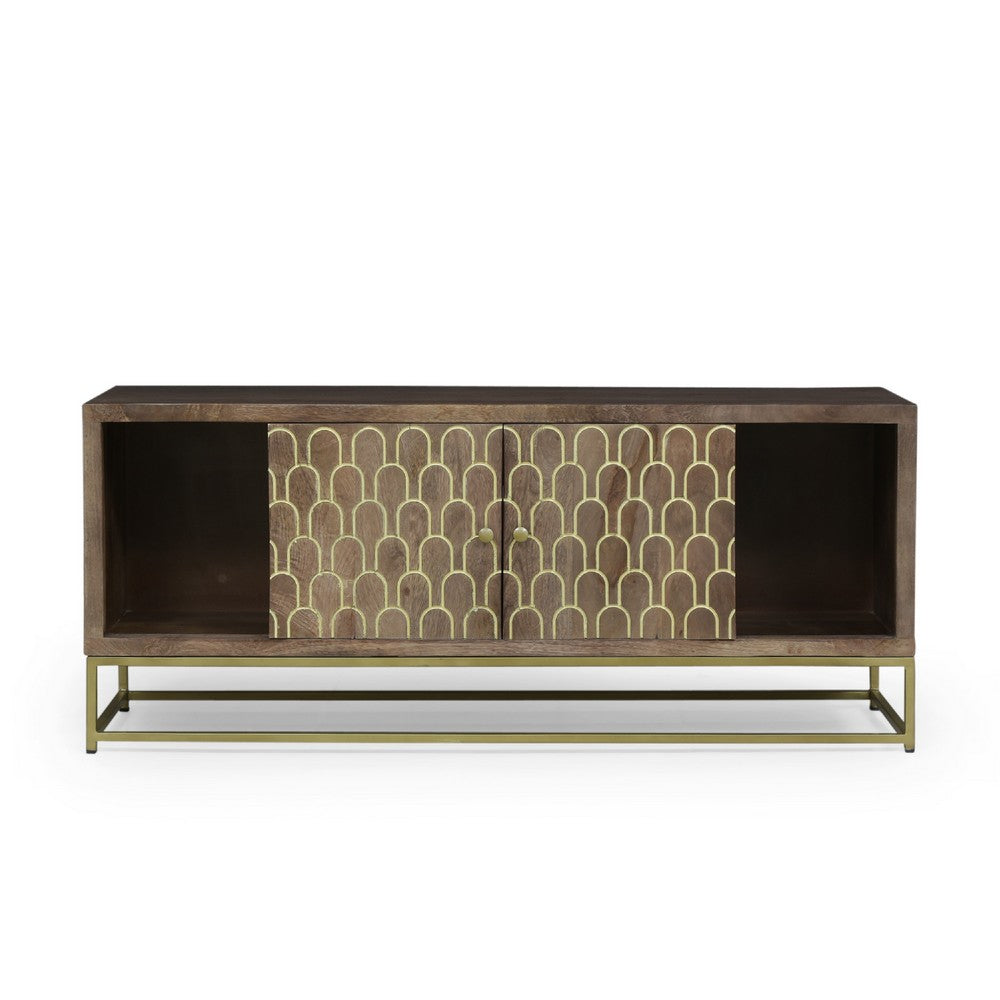 TV Stand Cabinet, Walnut Brown Mango Wood, Gold Iron Base, 51 Inch -BM335678