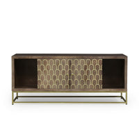 TV Stand Cabinet, Walnut Brown Mango Wood, Gold Iron Base, 51 Inch -BM335678