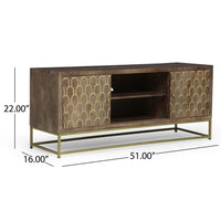 TV Stand Cabinet, Walnut Brown Mango Wood, Gold Iron Base, 51 Inch -BM335678