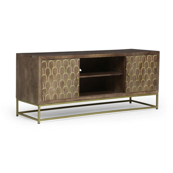 TV Stand Cabinet, Walnut Brown Mango Wood, Gold Iron Base, 51 Inch -BM335678