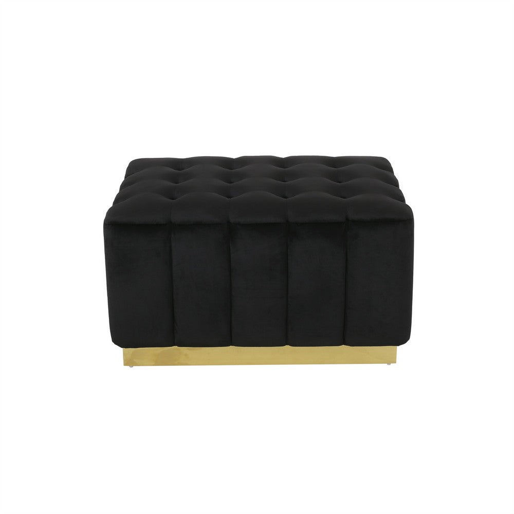 Deine Ottoman, Tufted Black Velvet, Gold Metal Base, Wood, 33 Inch -BM335684