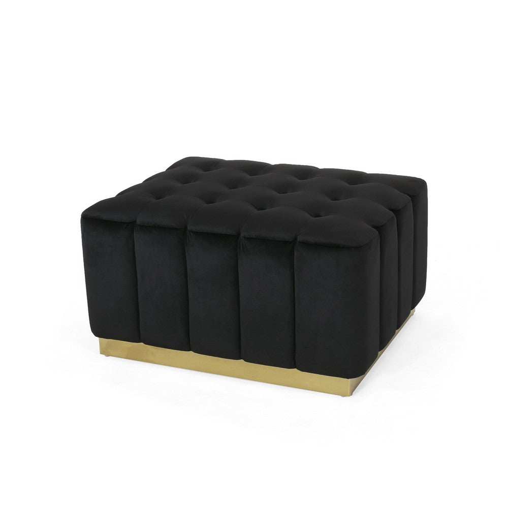 Deine Ottoman, Tufted Black Velvet, Gold Metal Base, Wood, 33 Inch -BM335684